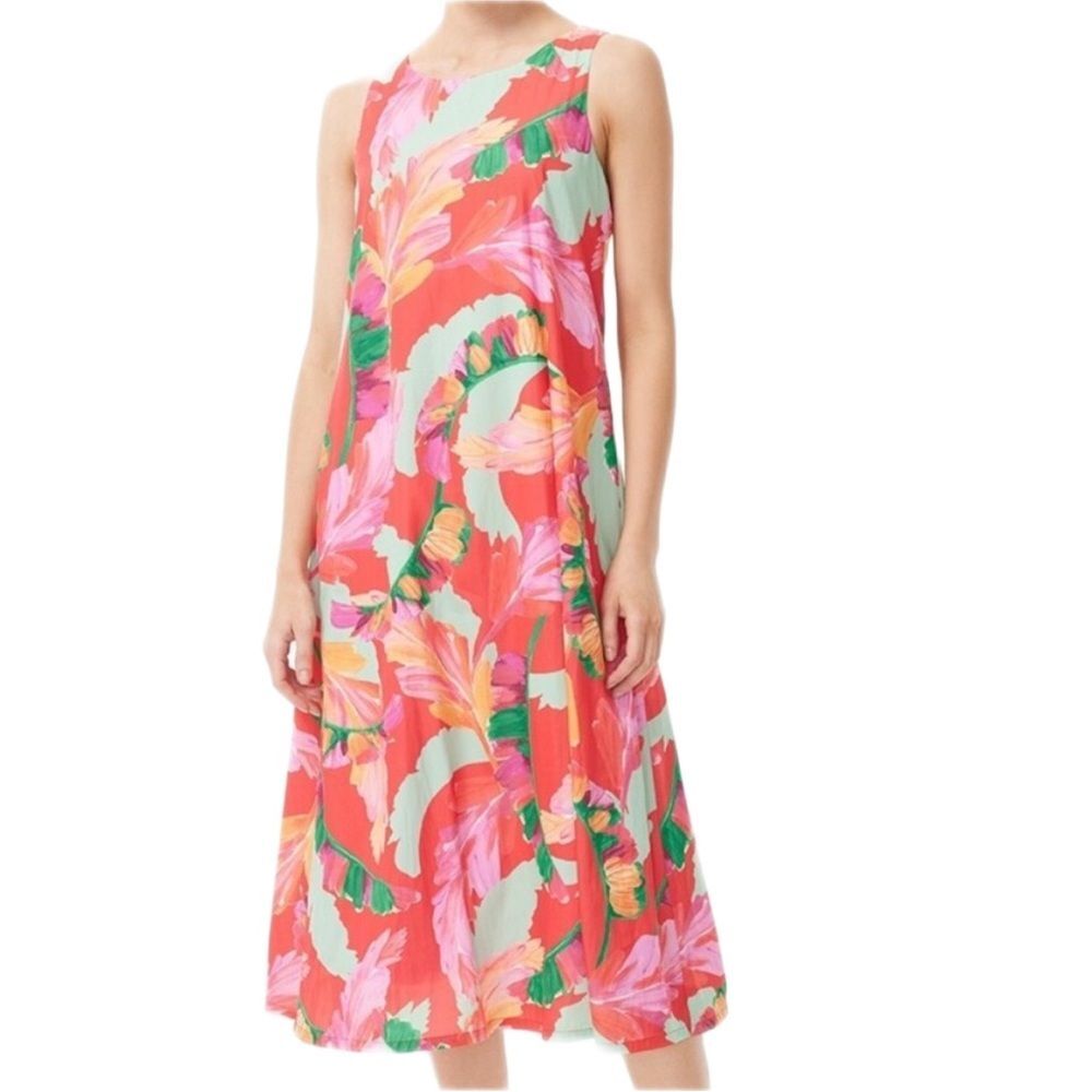 Chicos Tie Back Foliage Floral Print Midi Dress Womens Size 2 Large Vacation